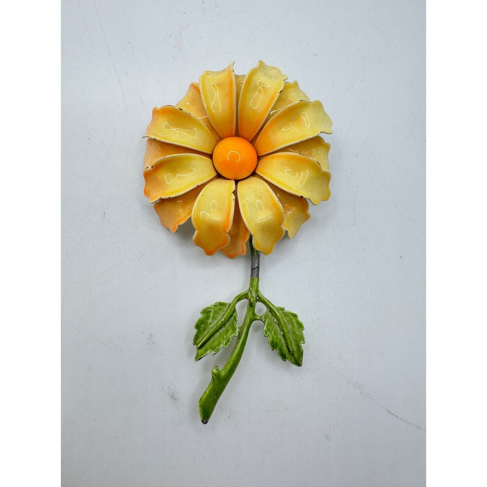 Vintage Yellow Orange Enamel Daisy Flower Brooch Pin Green Stem 4 Inch Retro